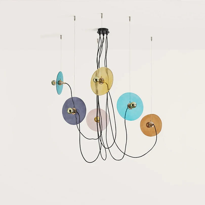 Hand-painted glass disc chandelier, in mixed colours on a plain background