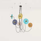 Hand-painted glass disc chandelier, in mixed colours on a plain background
