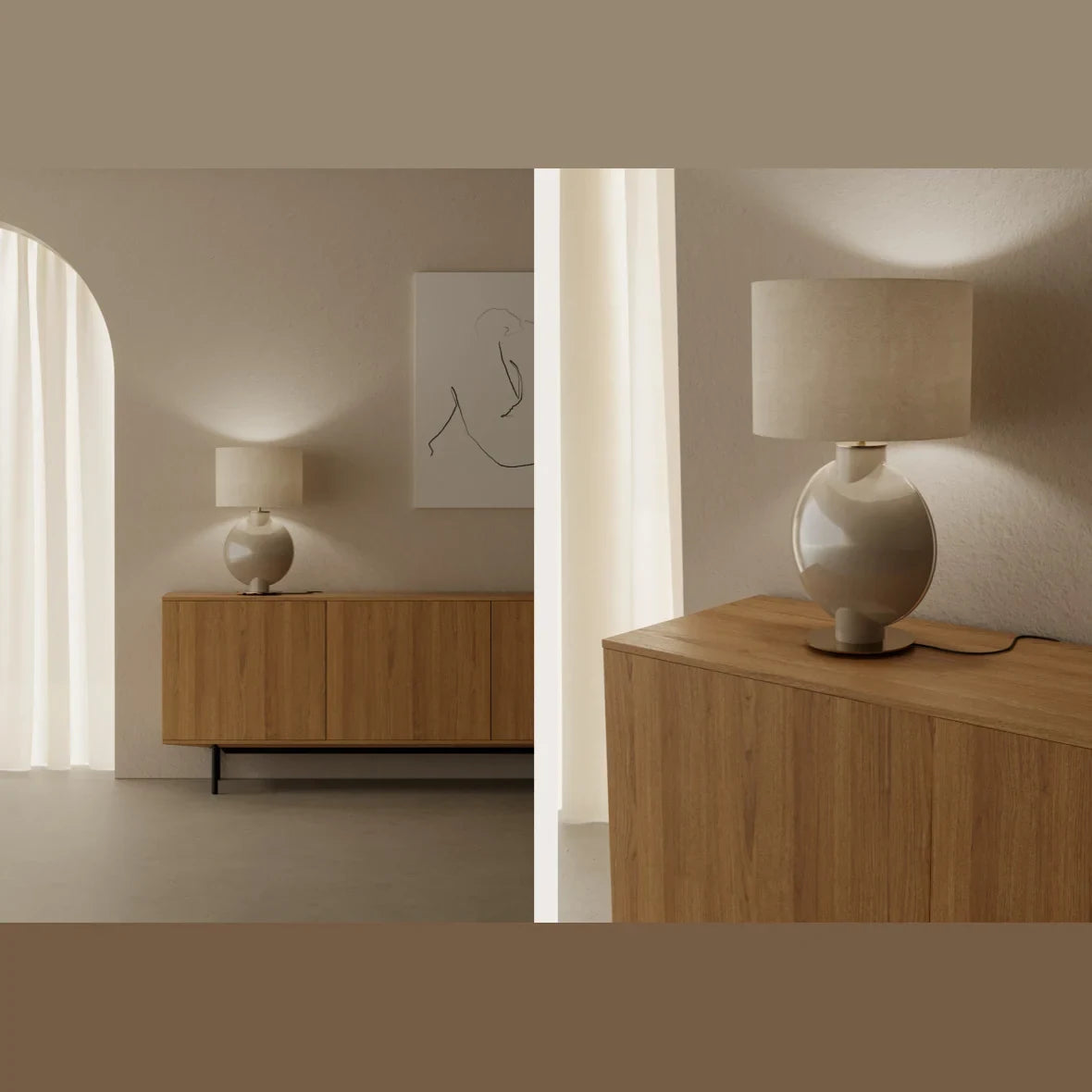 Hand-painted glass globe table lamp, on a sideboard in a calm interior, with a shade (sold separately)