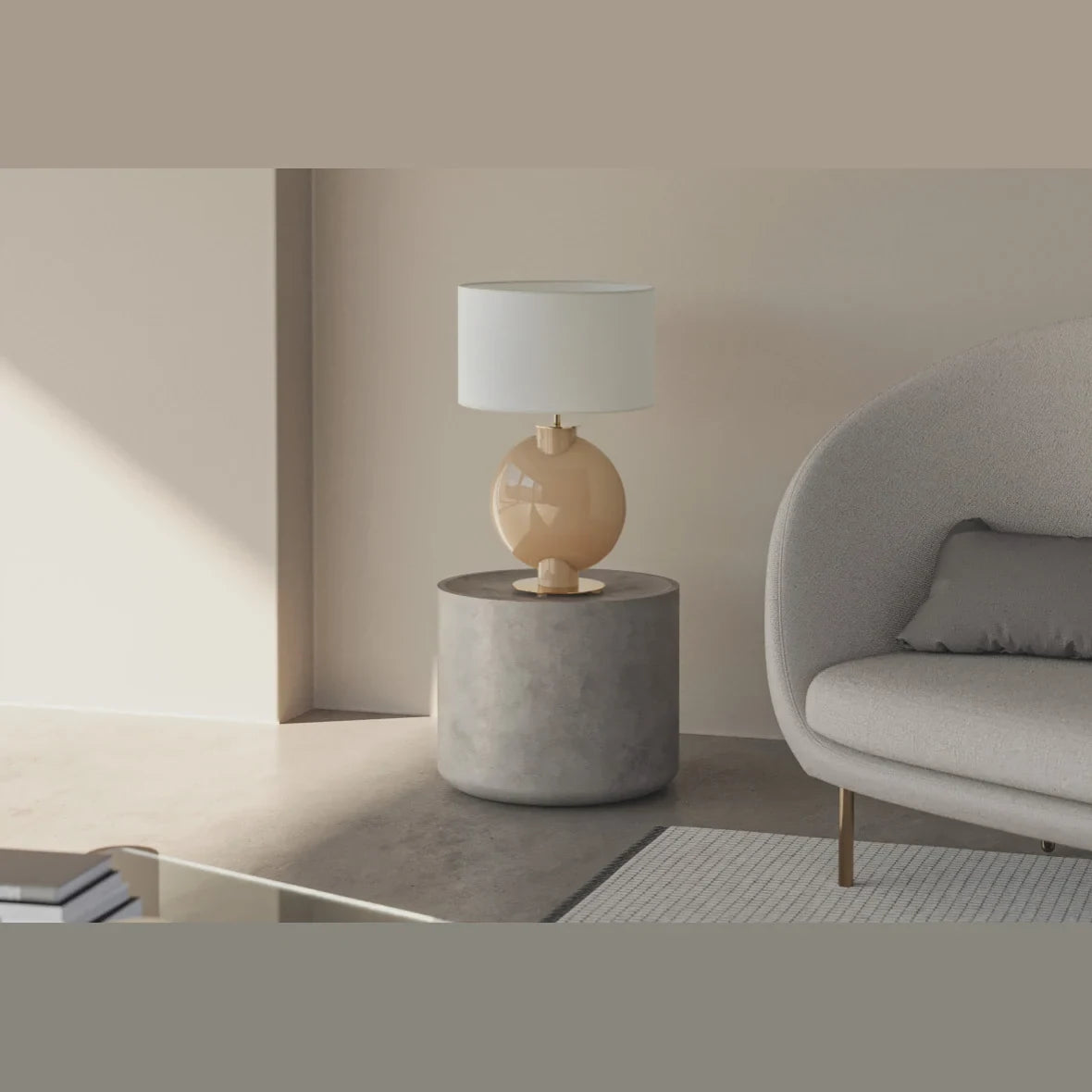 Hand-painted glass globe table lamp, on a grey side table beside an armchair, with a shade (sold separately)