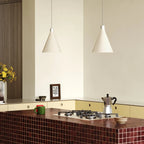 Small oyster white hand-spun steel cone pendant, two above a kitchen island