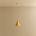 Small yellow hand-spun steel cone pendant, against a plain wall