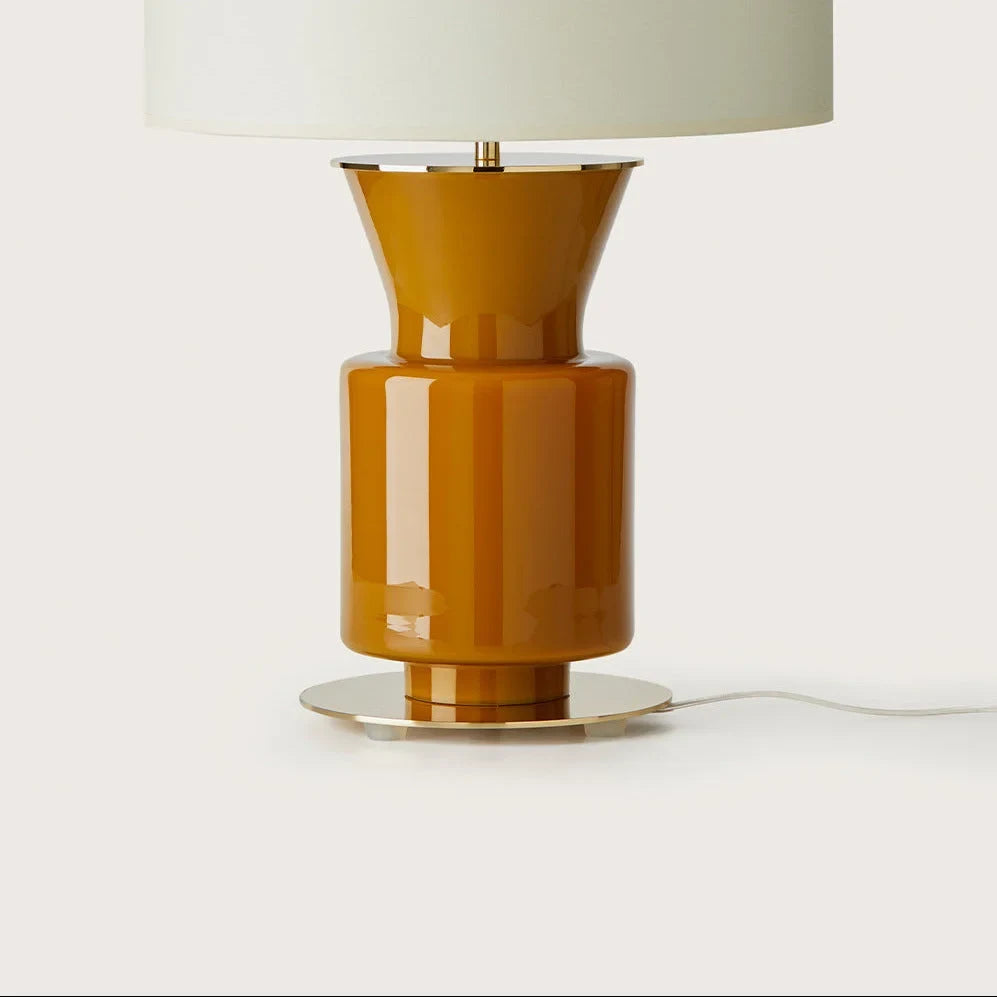 Honey glass chalice table lamp with metal disc foot, close-up of the glass body, with a shade (sold separately)