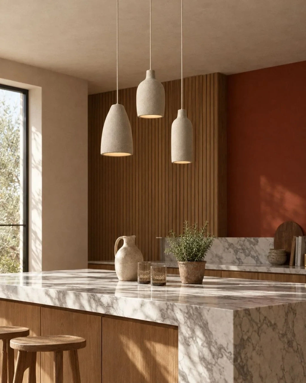 Knitted-texture pendant light, trio above a kitchen island