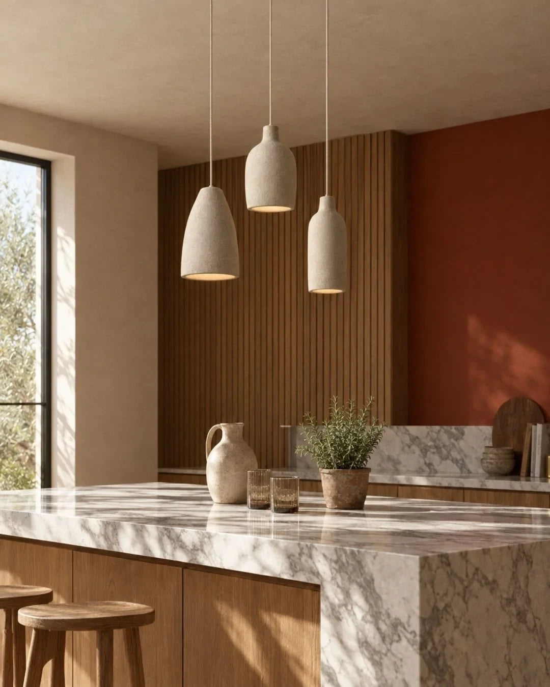 Knitted-texture pendant light, trio above a kitchen island