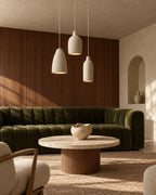 Knitted-texture pendant light, trio in a living room