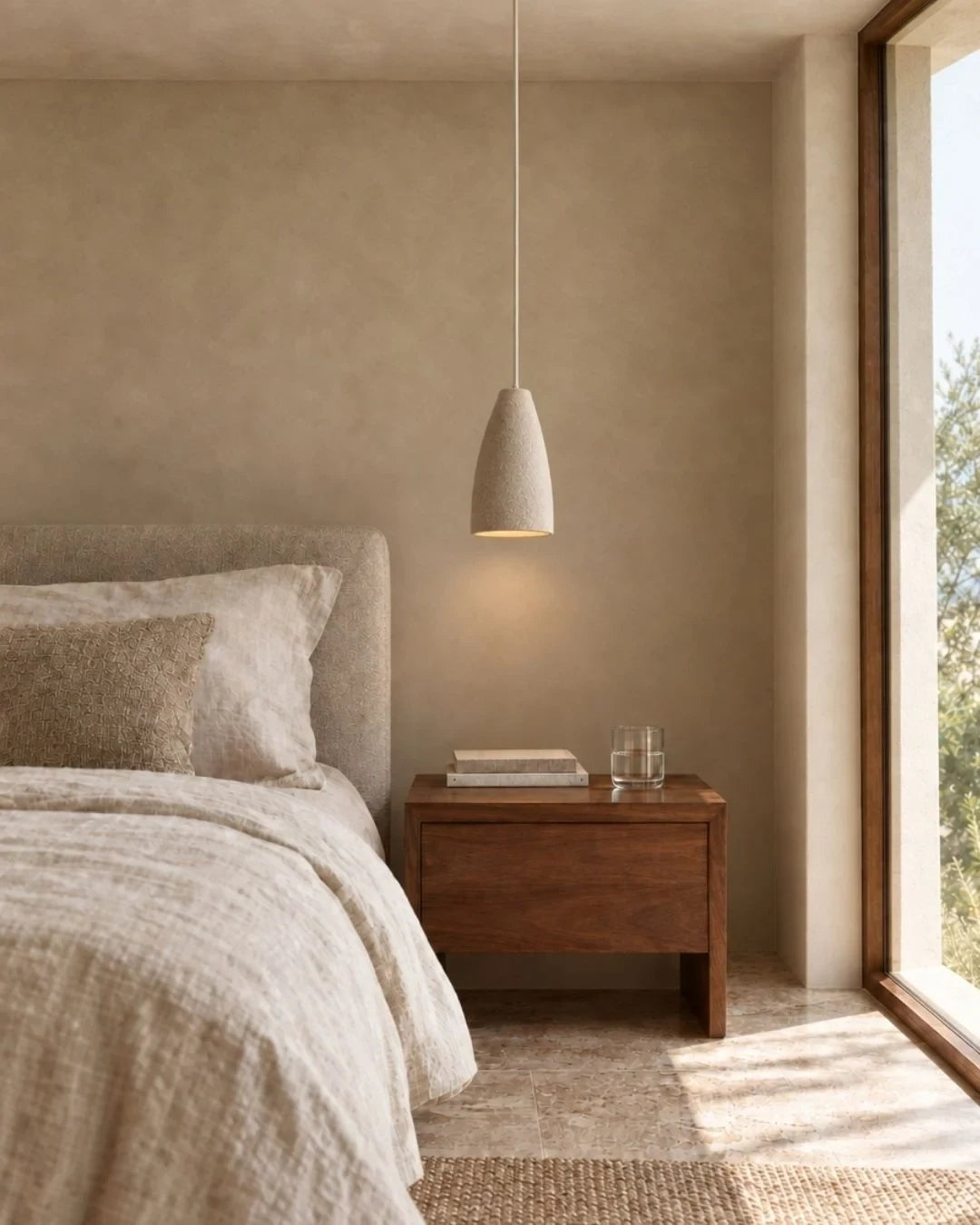 Knitted-texture pendant light, beside a bed