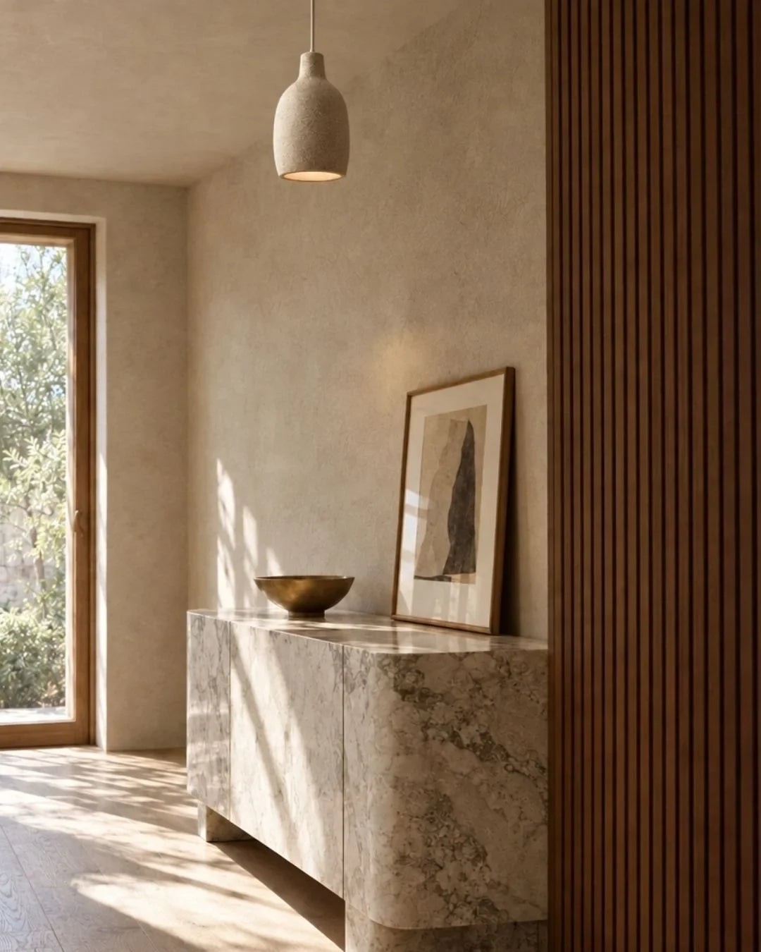 Knitted-texture pendant light, above a stone console