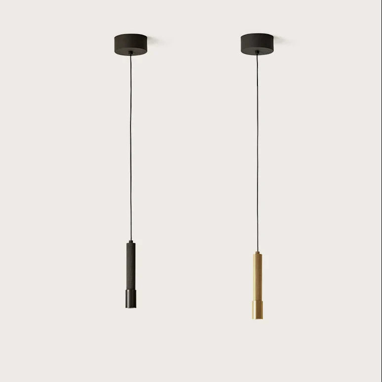 Knurled steel cylinder LED pendant, in matte black and matte brass