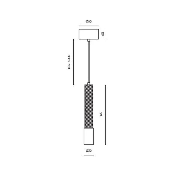 Knurled steel cylinder LED pendant, with measurements