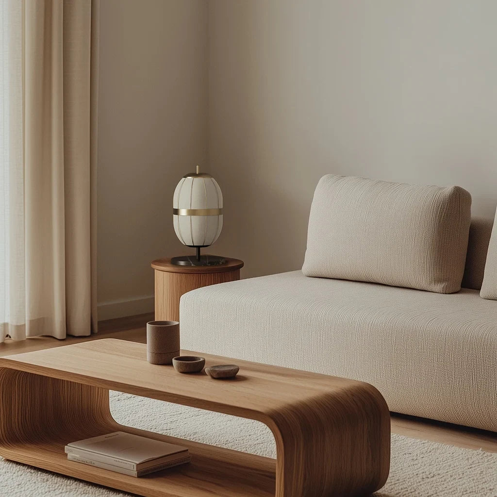 Lantern-style linen shade table lamp, black marble base, beside a sofa