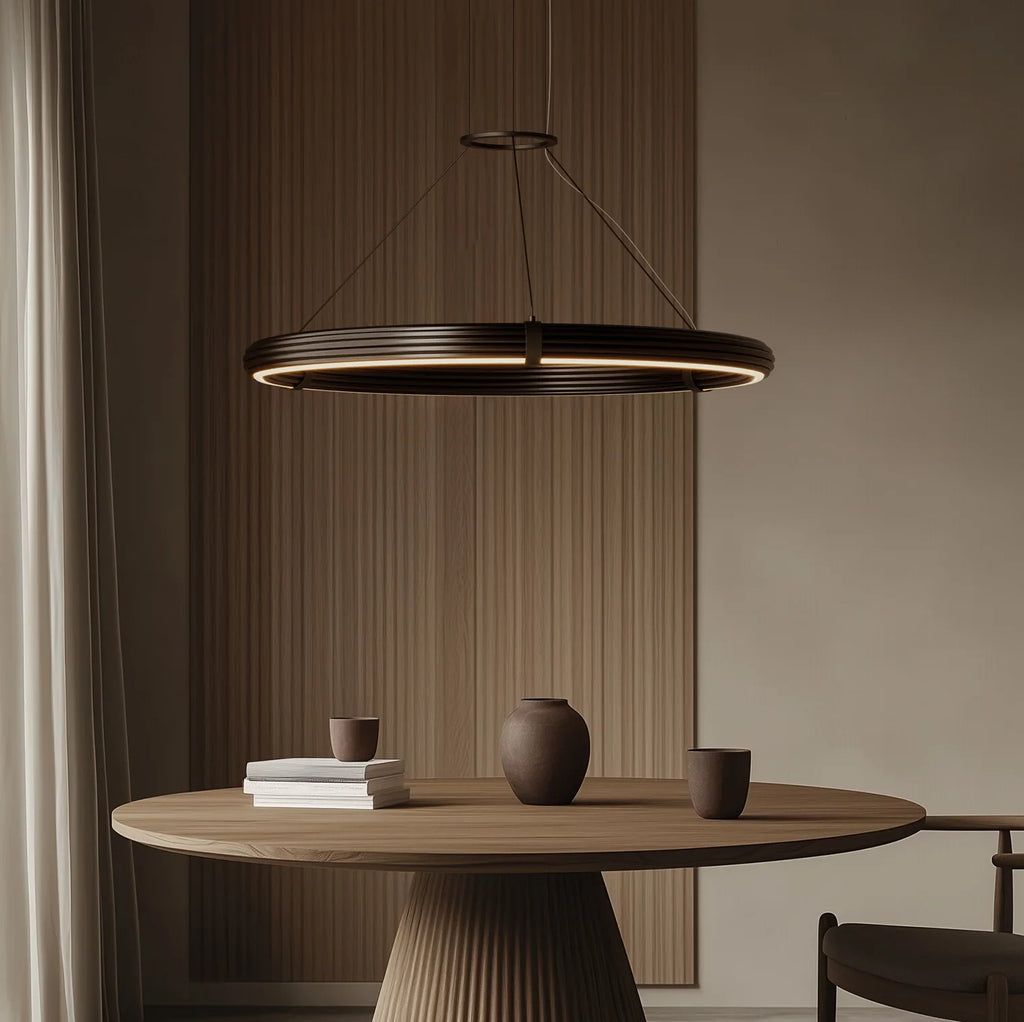 Large LED ring pendant, above a round dining table