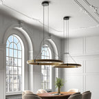 Large LED ring pendant, two above a long dining table