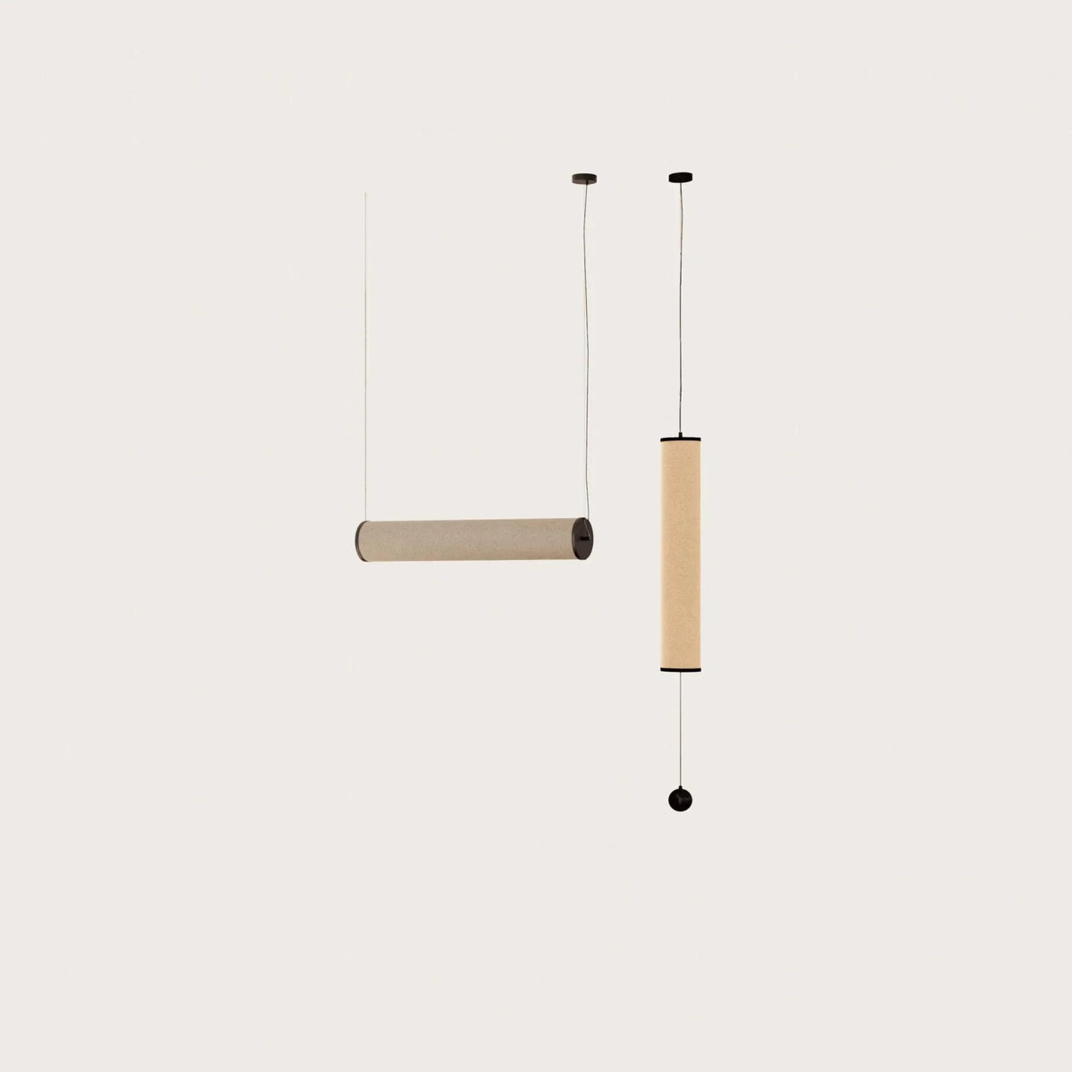 Large linen tube pendant, hung horizontally and vertically