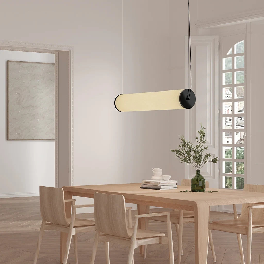 Large linen tube pendant, horizontally above a dining table
