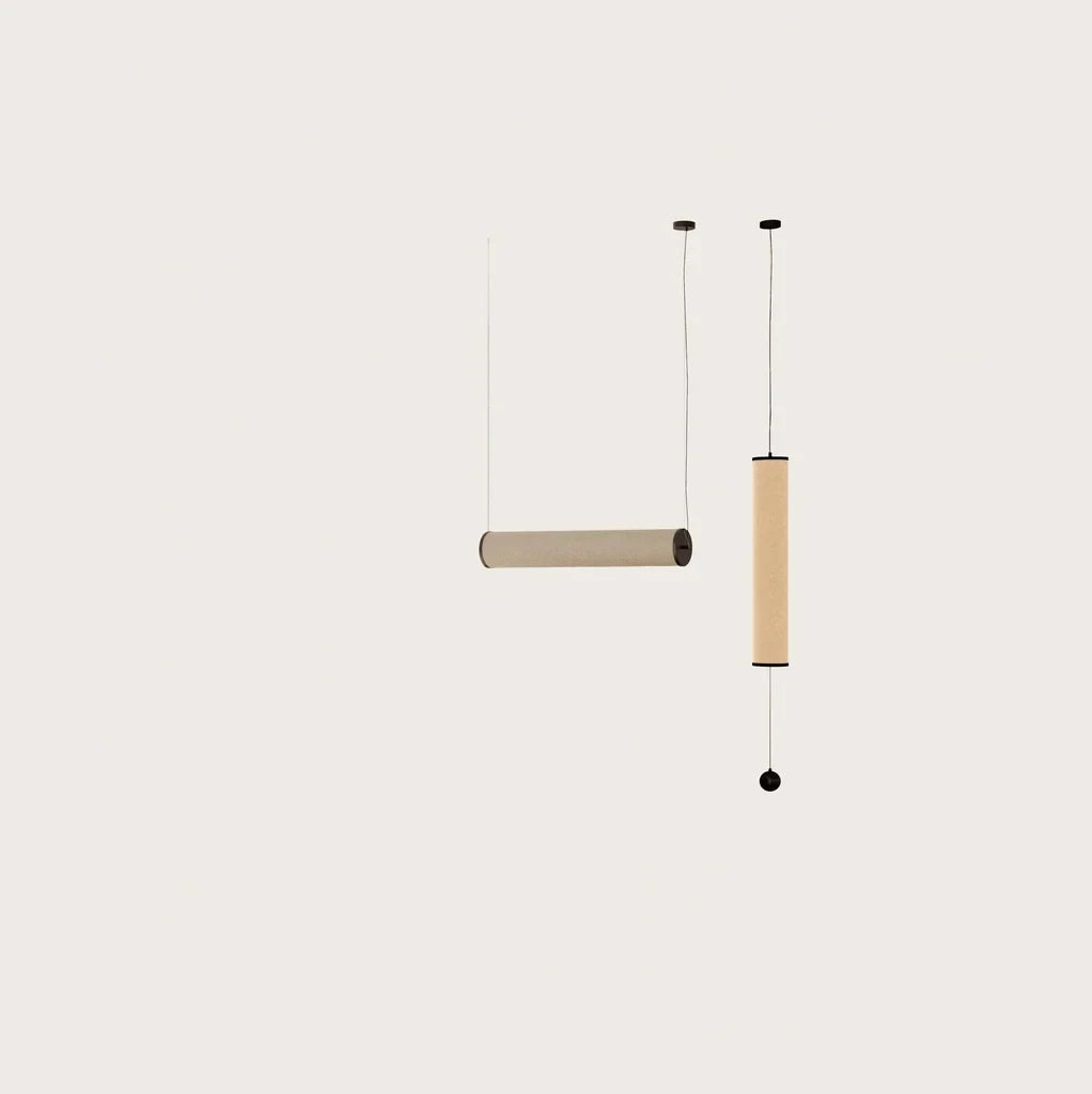Large linen tube pendant, hung horizontally and vertically