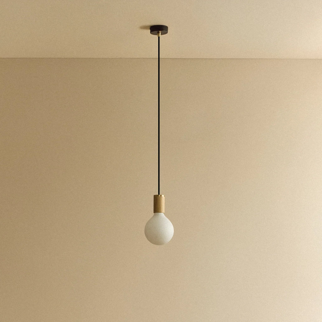 Large matte white globe pendant, oak, unlit