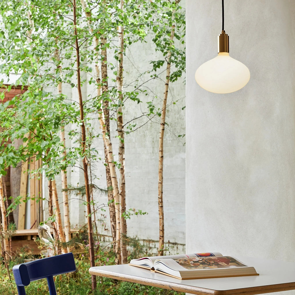 Large opal oval bulb pendant, above a table by a garden window