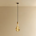 Large teardrop tinted glass pendant, oak, lit, against a plain wall