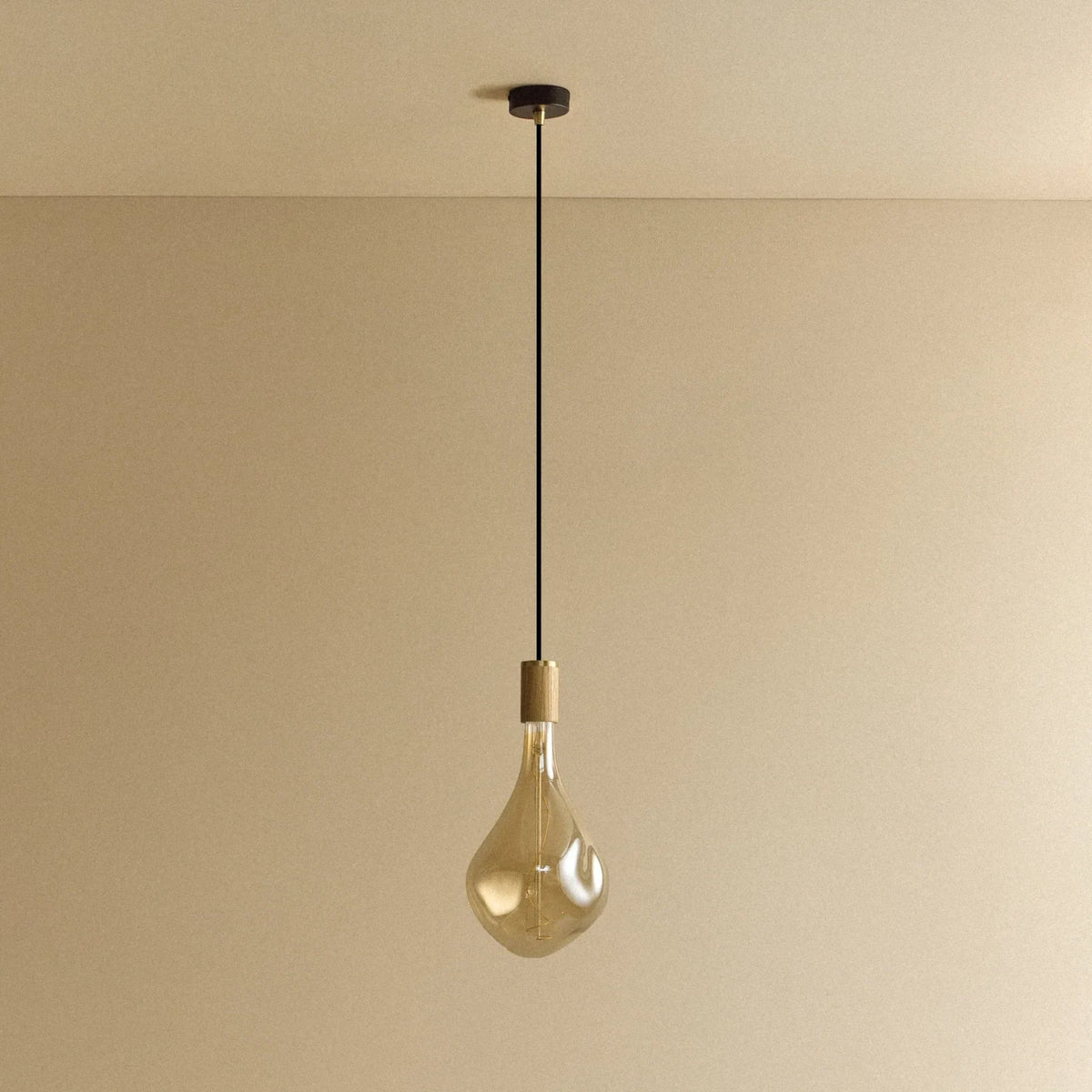 Large teardrop tinted glass pendant, oak, unlit