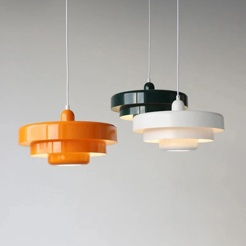 Layered metal pendant light, three in orange, green and white