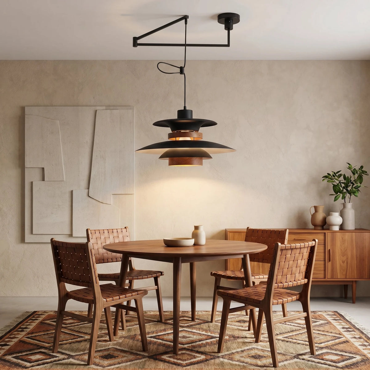 Black swing arm pendant light over a dining table