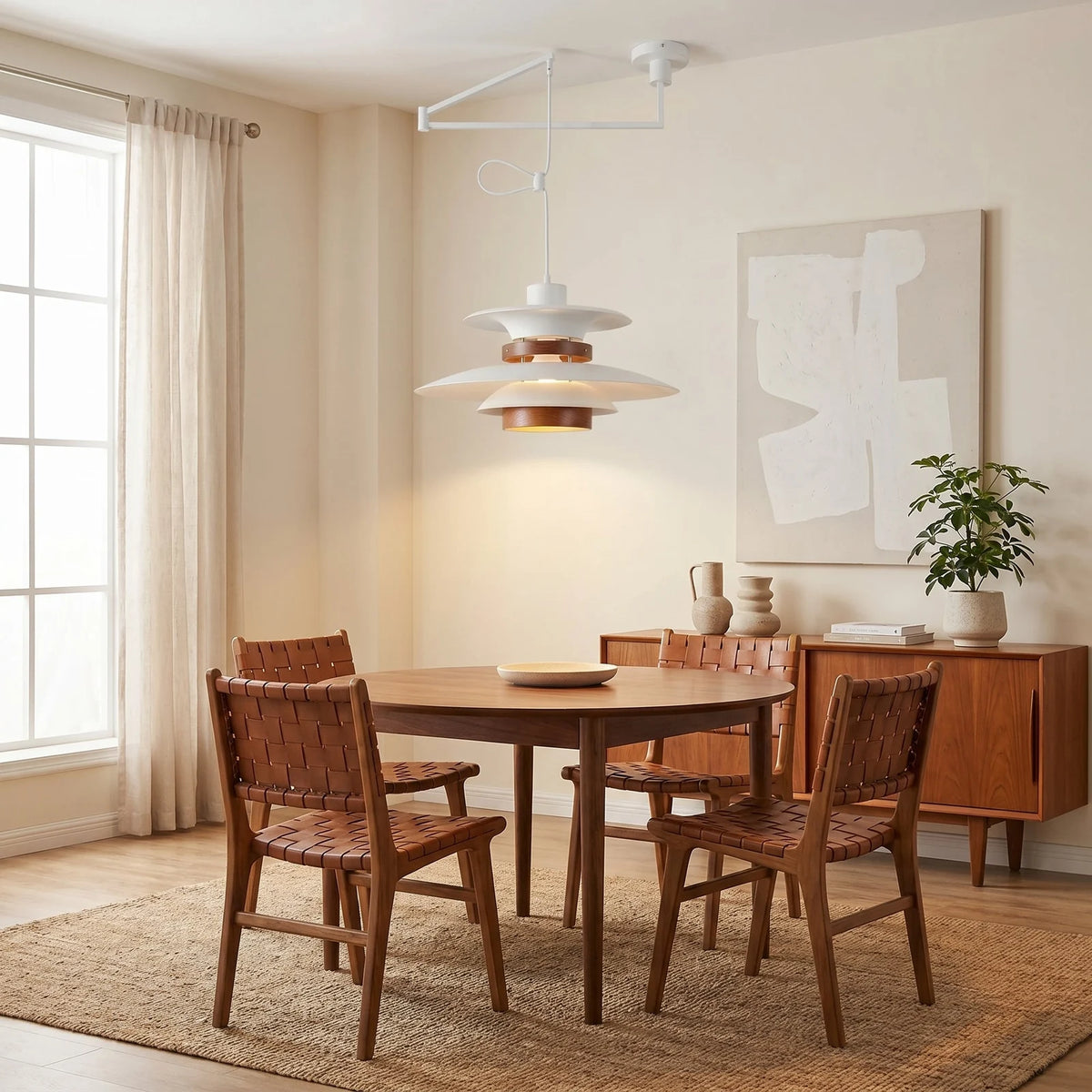 White swing arm pendant light in a dining room