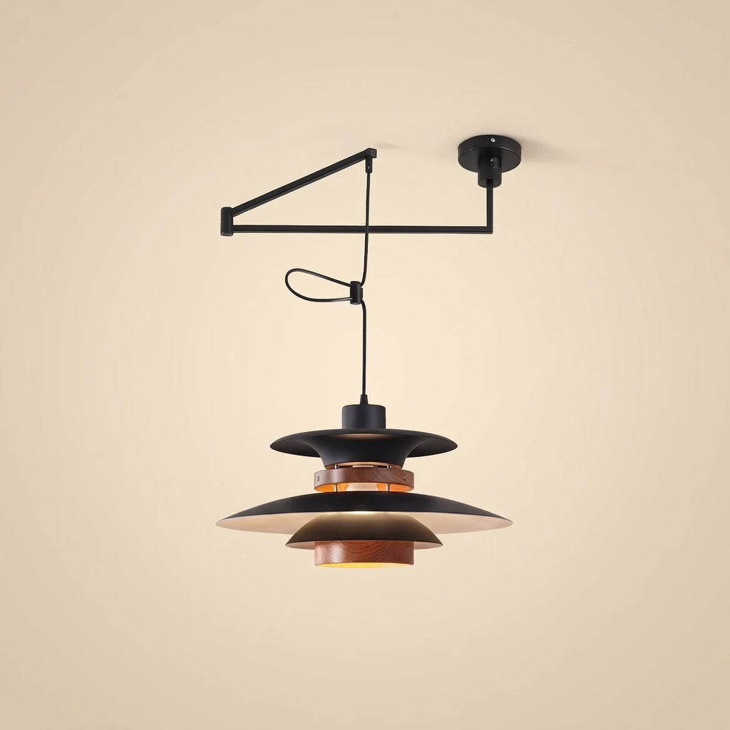 Layered pendant light with black swing arm