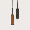 Leather-wrapped cylinder LED pendant, in orange and black leather