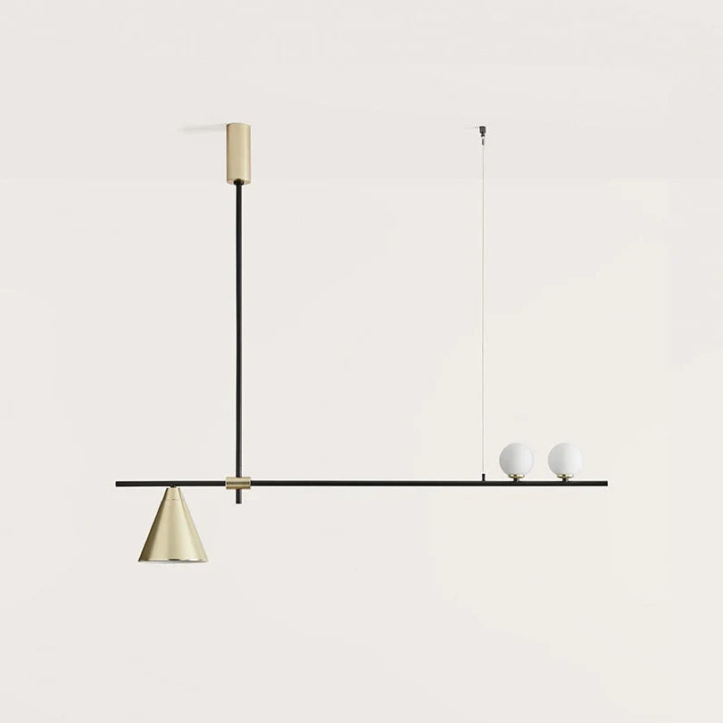 Linear bar pendant with brass cone and glass spheres, on a plain background