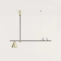 Linear bar pendant with brass cone and glass spheres, on a plain background