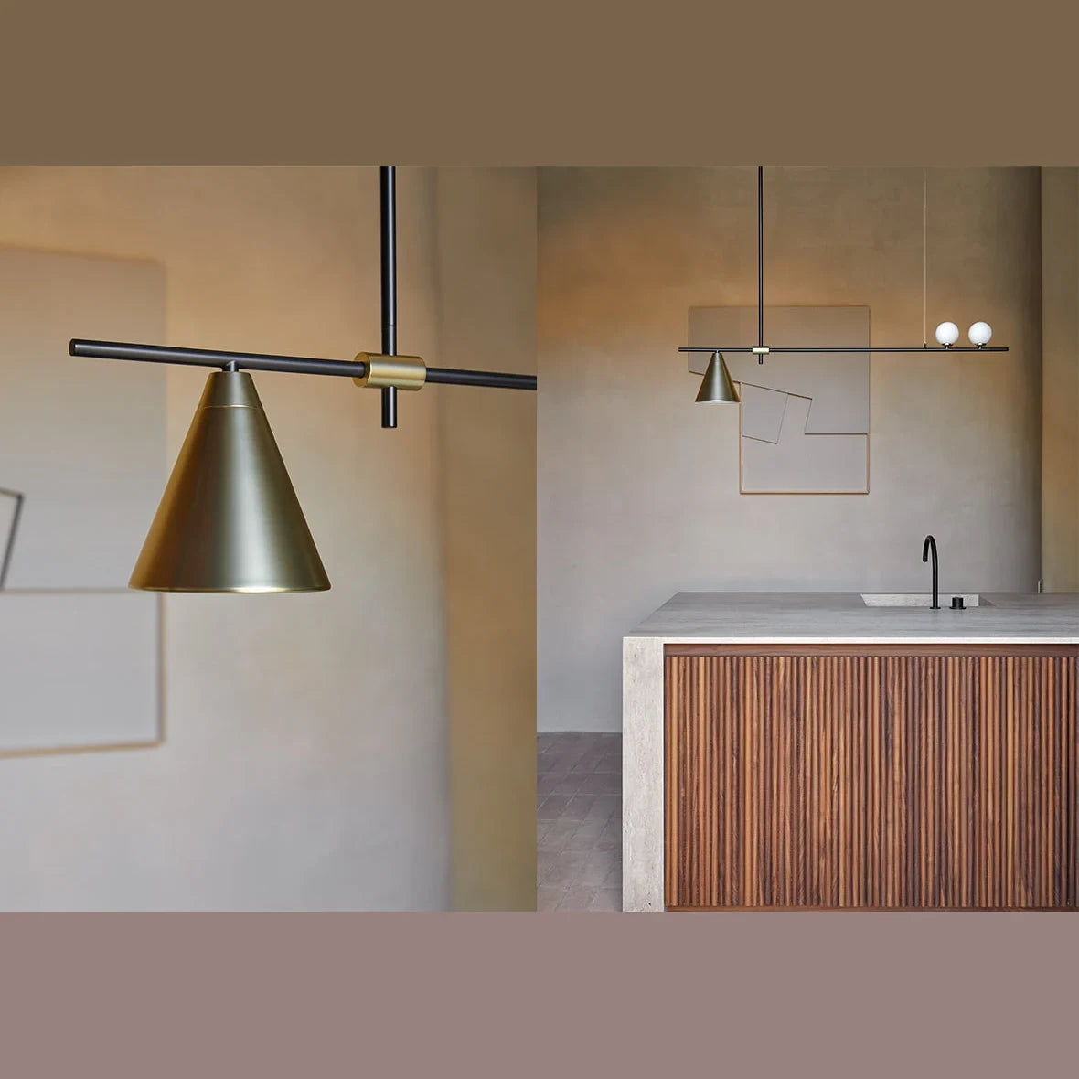 Linear bar pendant with brass cone and glass spheres, above a kitchen island
