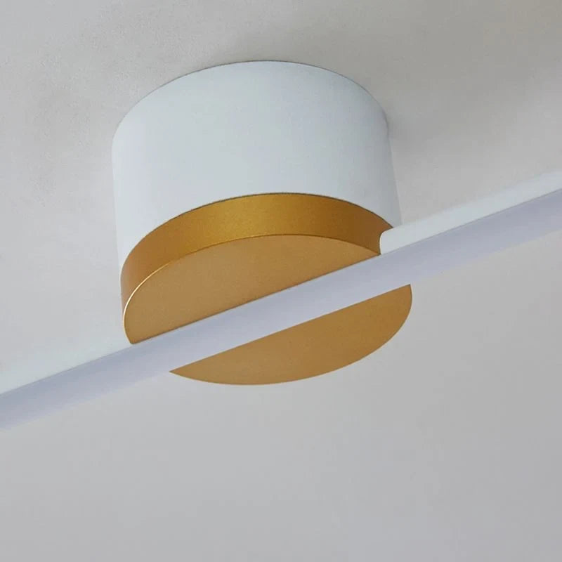 Linear flush ceiling light, close-up of the gold-banded mount