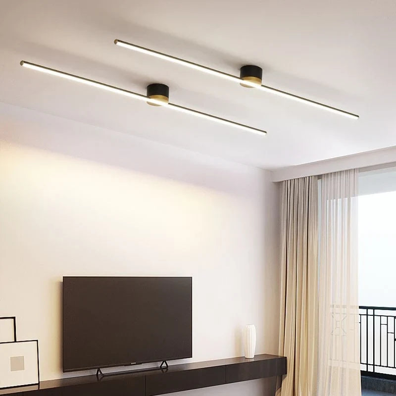 Linear flush ceiling light, two in a living room