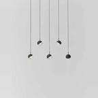 Linear glass globe pendant, five lights, in black, staggered