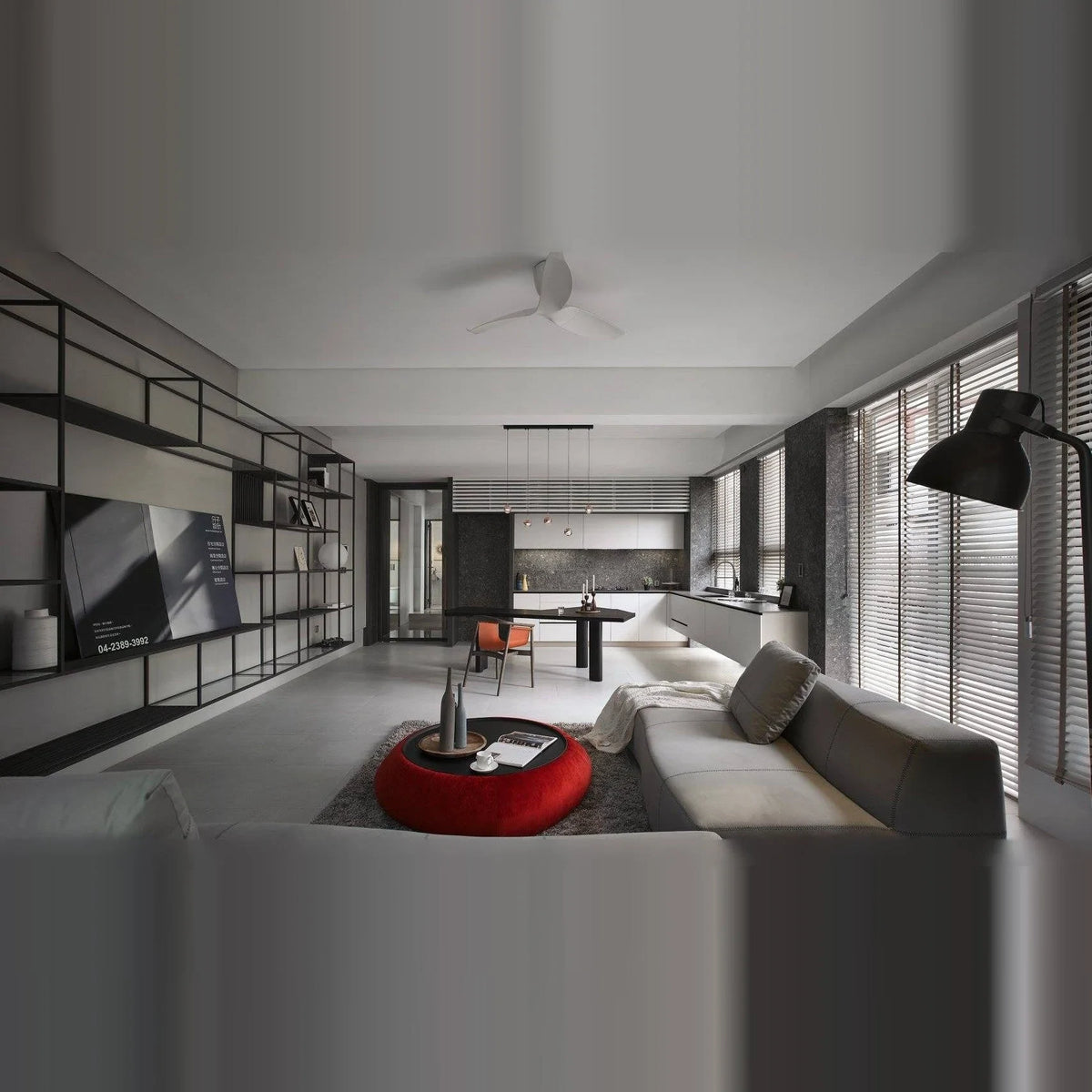 Linear glass globe pendant, five lights, in an open-plan living room