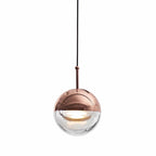 Linear glass globe pendant, five lights, single globe in copper