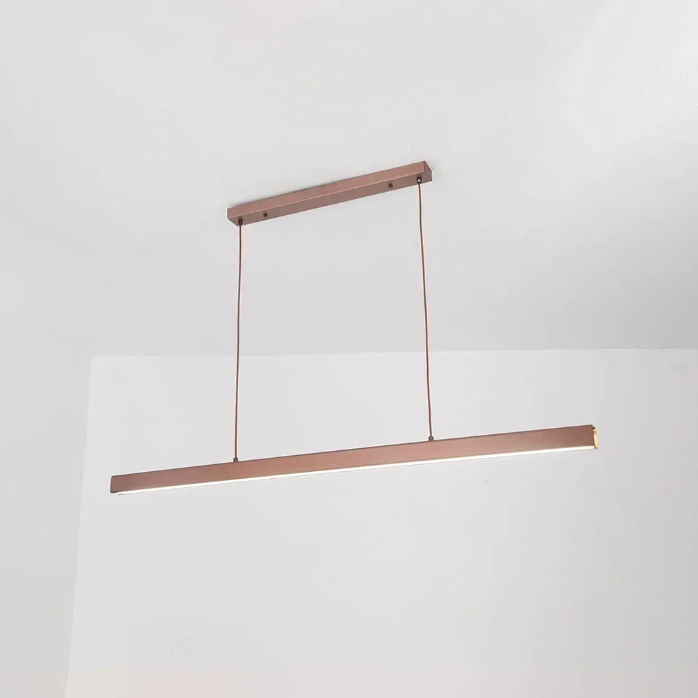 Linear LED pendant light, in brown, on a white background