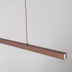 Linear LED pendant light, brown bar and wire detail