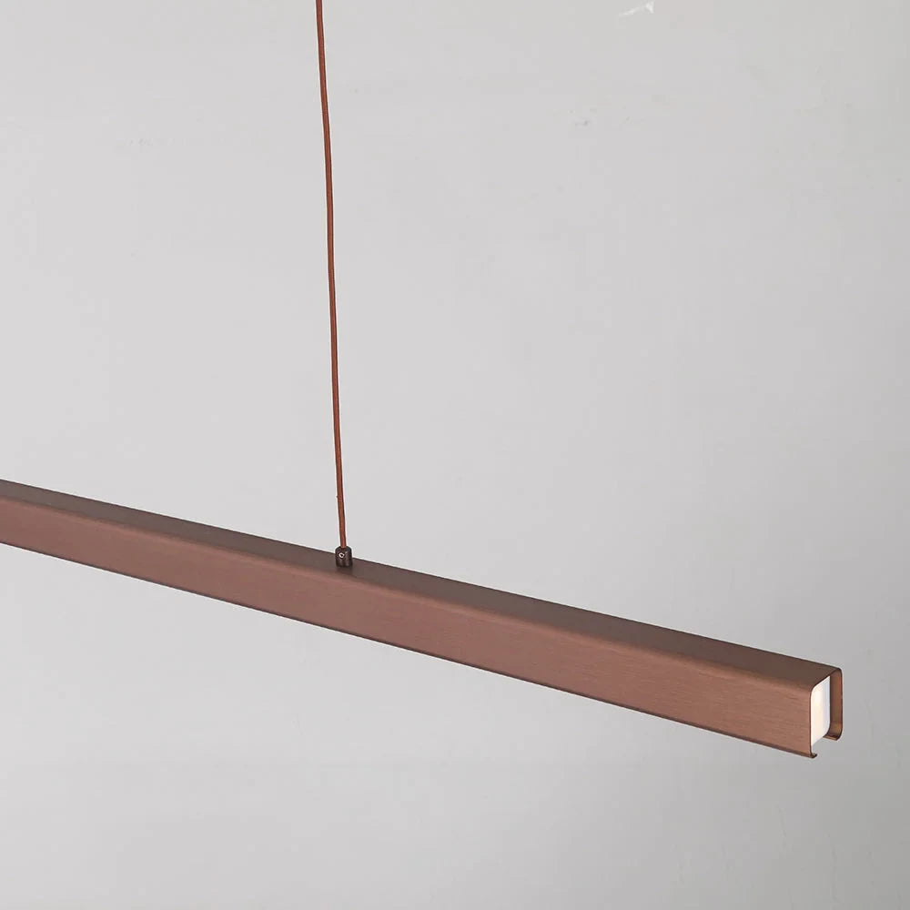Linear LED pendant light, brown bar and wire detail