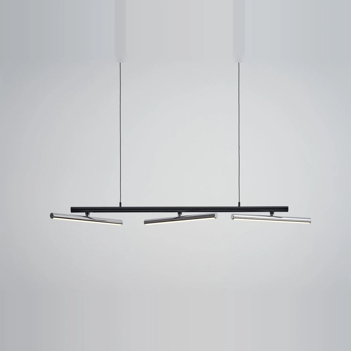 Linear LED pendant with three tilting bars, black with chrome bars
