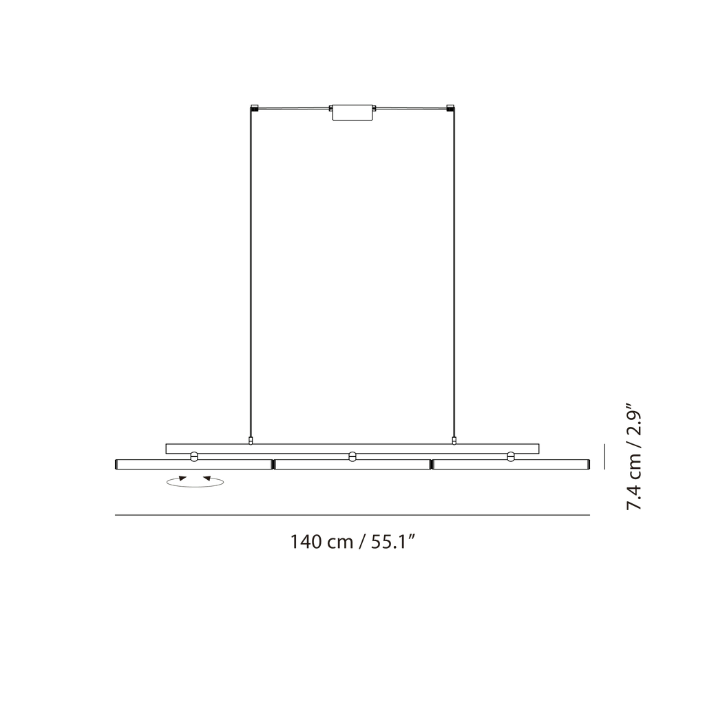 Linear LED pendant with three tilting bars, dimension drawing