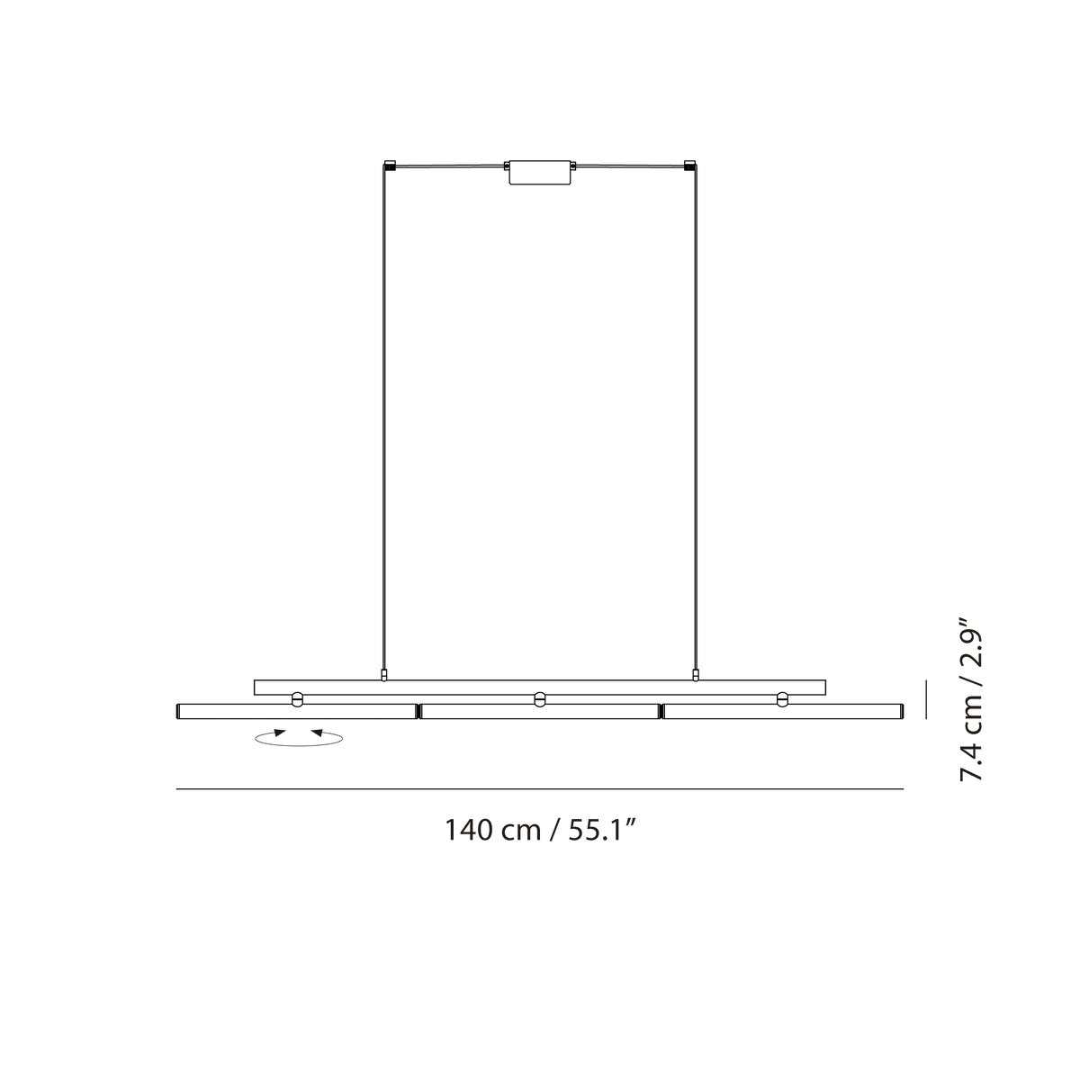 Linear LED pendant with three tilting bars, dimension drawing