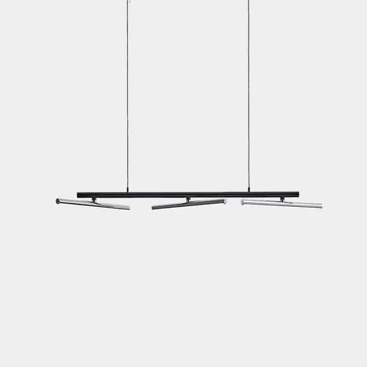 Linear LED pendant with three tilting bars, black with chrome bars, angled