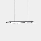 Linear LED pendant with three tilting bars, black with chrome bars, angled