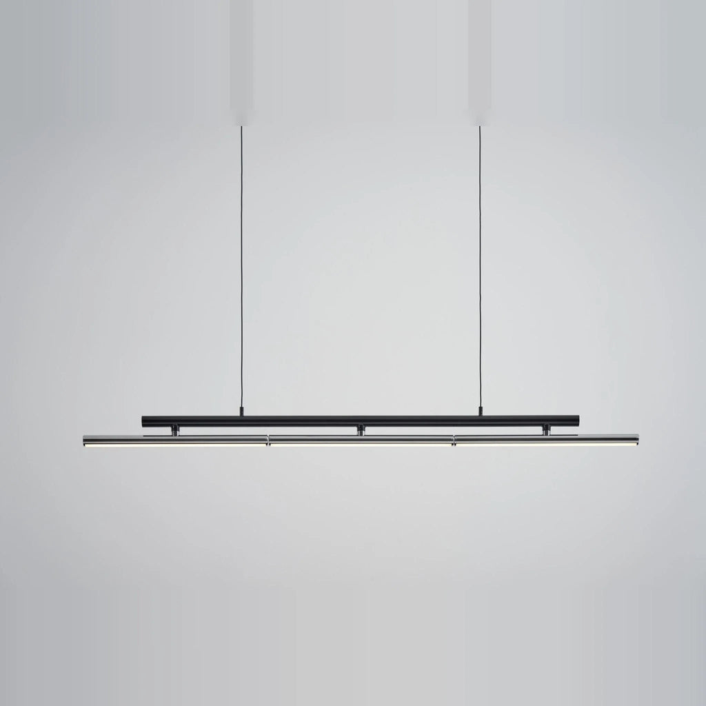 Linear LED pendant with three tilting bars, in black, bars level