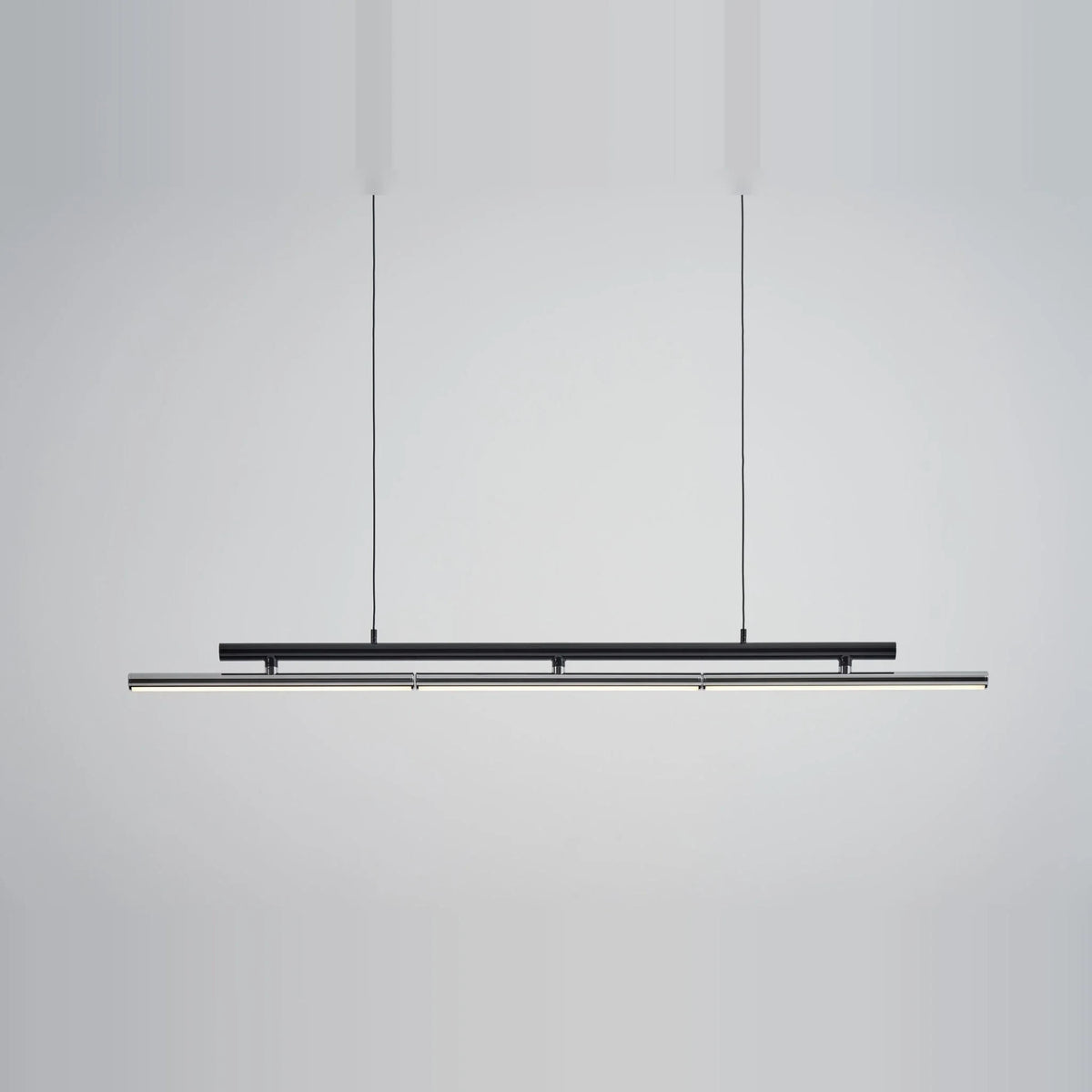 Linear LED pendant with three tilting bars, in black, bars level