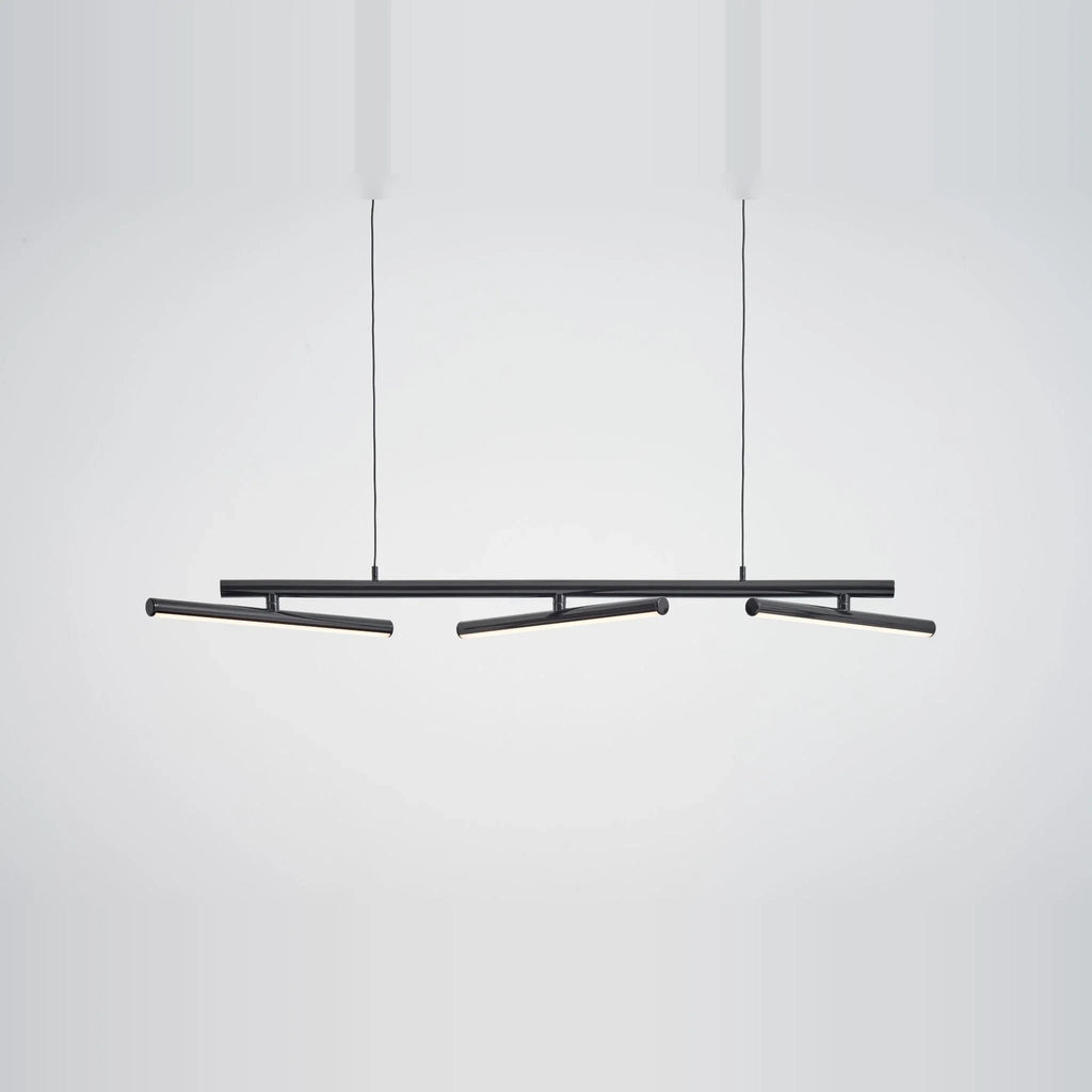 Linear LED pendant with three tilting bars, in black, bars angled