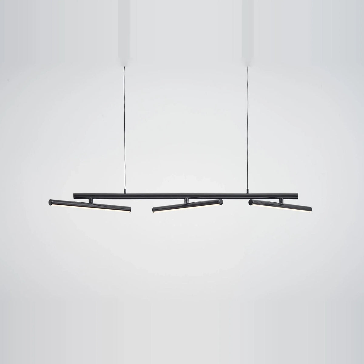 Linear LED pendant with three tilting bars, in black, bars angled