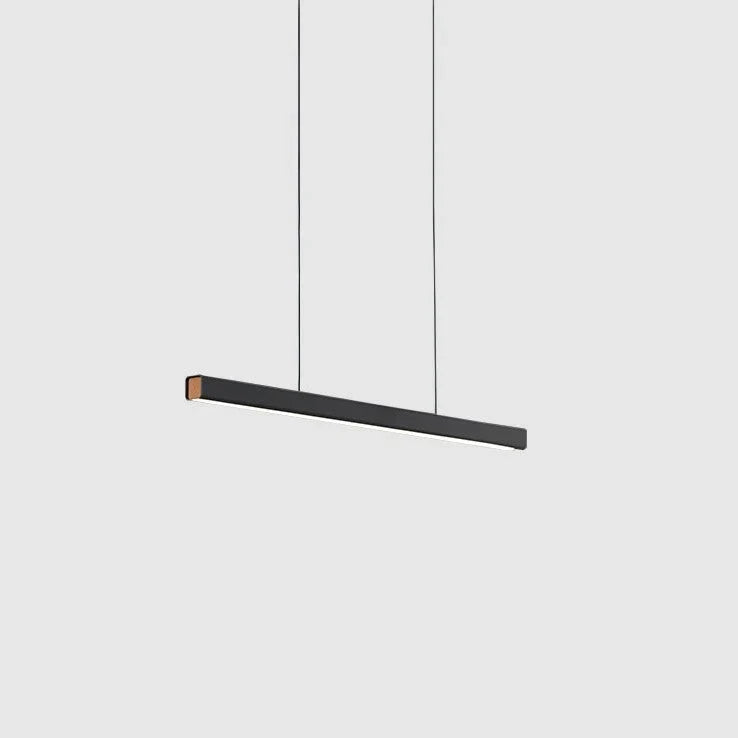 Linear LED pendant with wood ends, in matte black with walnut
